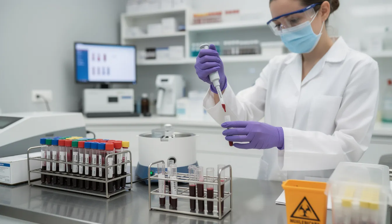 A medical professional is seen preparing a blood sample in a clinical laboratory, focusing on the prp treatment process which involves isolating platelet rich plasma from the patient's own blood to stimulate healing in injured tissues. This preparation is essential for administering prp injections, commonly used for treating chronic pain and musculoskeletal injuries.