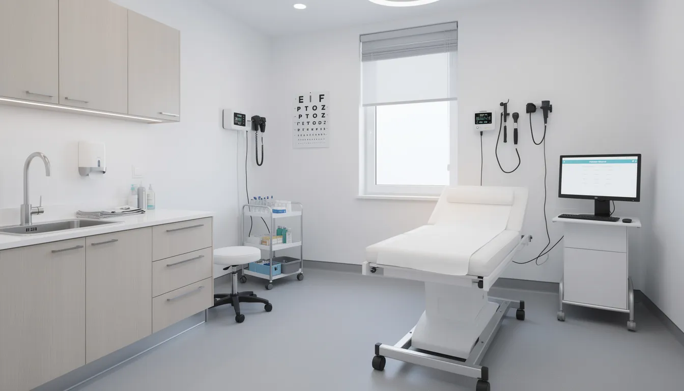 The image depicts a modern medical clinic interior featuring a well-equipped examination room designed for prp treatment. The room includes medical instruments and a comfortable examination table, highlighting a professional environment for administering platelet rich plasma injections to aid in the healing process of various injuries.